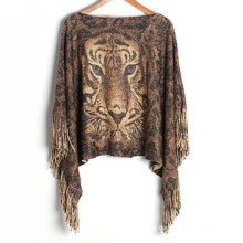 Womens Sweater Cardigan Wraps Lurex Tiger impressão inverno malha xailes poncho (SP611)